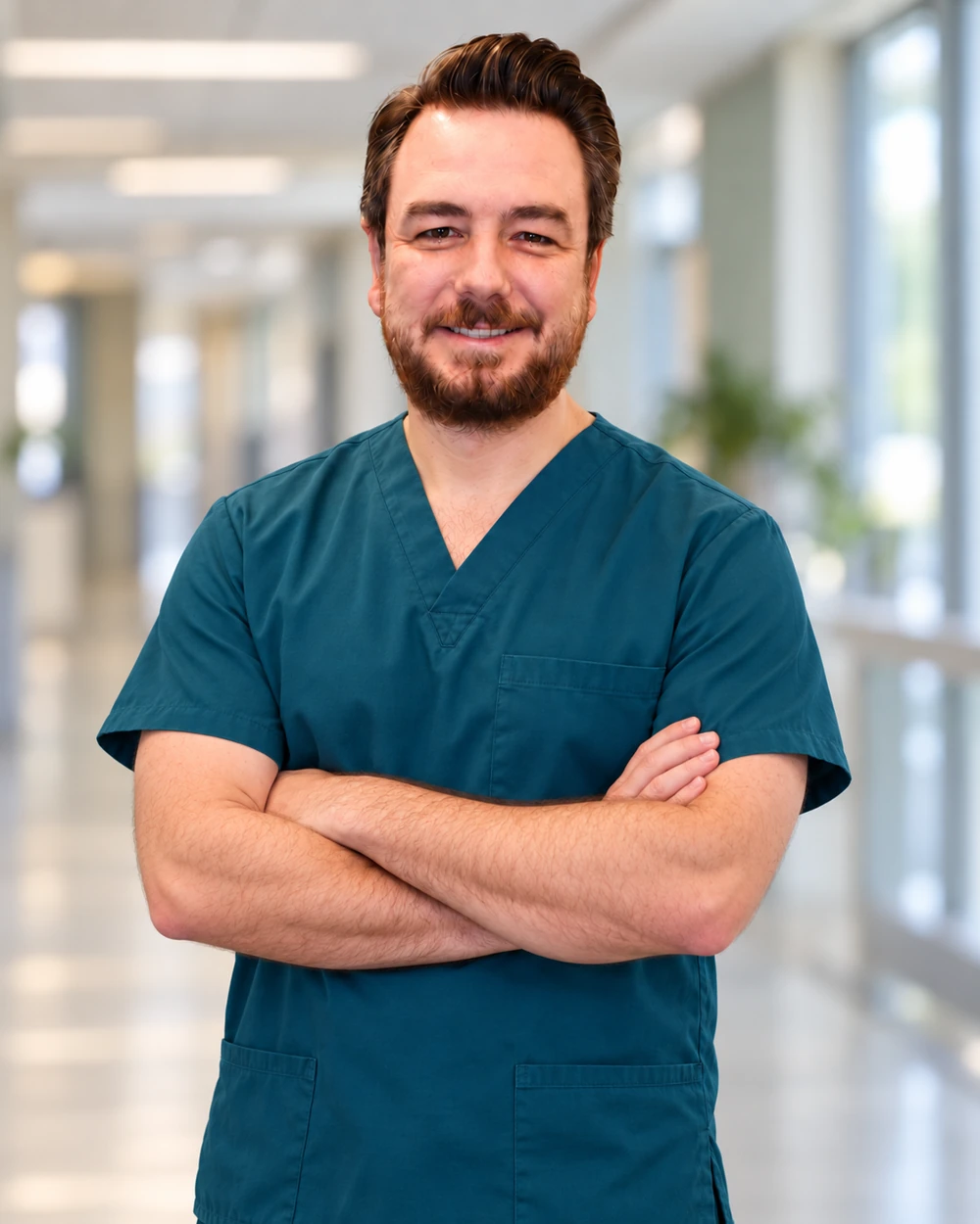 Cerrahi üniformalı Doç. Dr. Meftun Çulpan — yapay zekâ ile düzenlenmiş portre